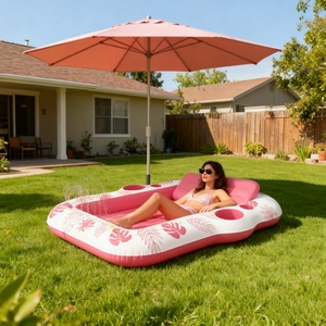 Inflatable Water Spray <b>Sunbed</b> with Built-in Cup Holder & Food Storage Tray -2-Person Extra Large Floating Mattress for Poolside - Product Image 1