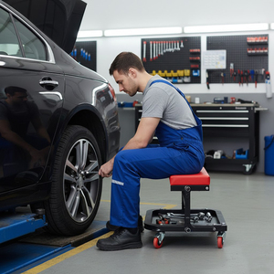 Tabouret roulant pliable en C avec plateau à outils, acier robuste et vinyle noir/rouge pour garage, détaillage automobile GAPGAR032 - Product Image 5