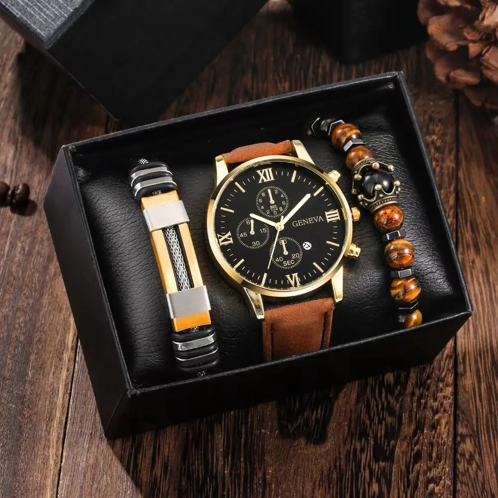 Conjunto de reloj de cuarzo de acero inoxidable y conjunto de joyería para hombre, 3 unidades/juego, relojes y pulseras analógicos informales para hombre