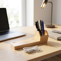 Porte-stylo multifonctionnel en bois à LED, à piles, avec commande tactile, lumière blanc chaud, veilleuse à intensité variable, organisateur de rangement DIY