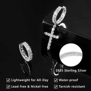 KRKC&CO 925 <b>Silver</b> Christian <b>Cross</b> Pendant <b>Earrings</b> with Princess Cut Zircon Hip Hop Style Women's Religious Jewelry - Product Image 2