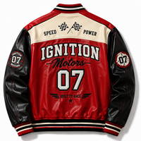 Blouson aviateur en cuir personnalisé pour homme, color block rouge avec patchwork noir, broderie frontale, OEM, marque privée, MOQ 30