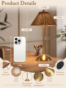 Abat-jour de lampe en rotin, lampe sur pied sans fil alimentée par batterie, sortie basse tension, lampe sur pied pour la décoration de la maison et de l'hôtel - Product Image 2
