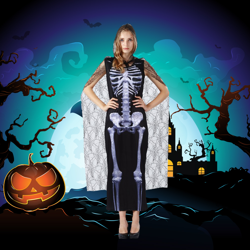 Halloween Adult Skeleton Cape Costume - Scary Funny Ghost Dress for Ages  13-40, Perfect for Parties and Events