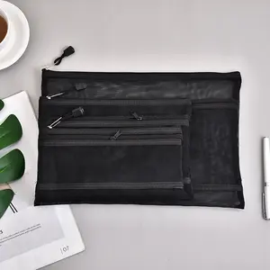 กระเป๋าซิปตาข่ายไนลอนสีดำพร้อมกระเป๋าเอกสารซิป,สำหรับเครื่องใช้สำนักงานโรงเรียนปริศนาเกมอุปกรณ์จัดเก็บเครื่องสำอาง