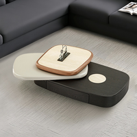 Table basse moderne rotative à 360 degrés avec tiroir, plateau en pierre frittée travertin et base de rangement en placage de bois noir