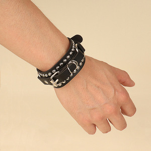New Punk Black Punk Gothic Rock Black Two Row Spikes Rivet Leather Cuff Bracelet <strong>Wristbands</strong> Charm Unisex <strong>Bangle</strong> - Product Image 5