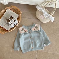 Cardigan en tricot pour fille, printemps-automne, grand col à revers, broderie d'oiseau, manches longues, pull pour bébé