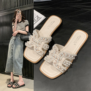 Sandales d'été pour femmes à bout carré avec pompon, respirantes, confortables, style français, pour les loisirs, en tissu - Product Image 1