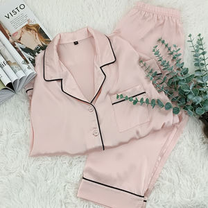 Conjuntos de pijamas de seda genuina pura 100% de calidad transpirable al por mayor, conjuntos de pijamas de seda familiar a juego para damas - Product Image 5