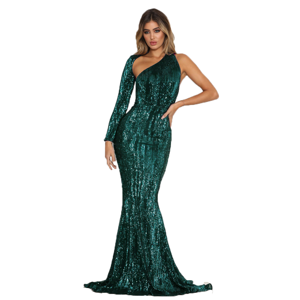 Платье для выпускного вечера с открытой спиной, стрейчевое вечернее платье с блестками, на одно плечо, с открытой спиной, с юбкой-годе, для свадьбы