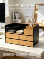 Organisateur de bureau en acrylique noir bambou, boîte de rangement de bureau pour fournitures de bureau, maquillage, cosmétiques, adapté pour la maison, le bureau
