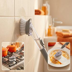 แปรงล้างจานพลาสติกใสพร้อมที่จ่ายสบู่ สแตนเลส ขนแปรง PET ราคาโรงงาน - Product Image 3