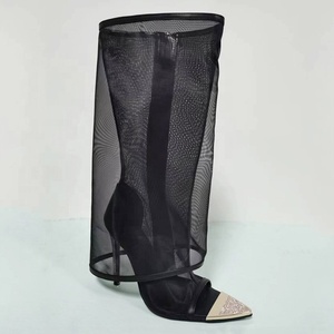 Fishnet <b>Knee</b> <b>High</b> Boots Women Mesh <b>High</b> Heels Stiletto Diamonds Summer Shoes Wide Fit Overlay Sandals - Product Image 4