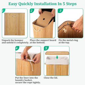 Cesto de Ropa de Bambú con Asas, Cesto de Ropa Plegable Redondo de Bambú para Lavandería, Dormitorio, Baño - Product Image 4