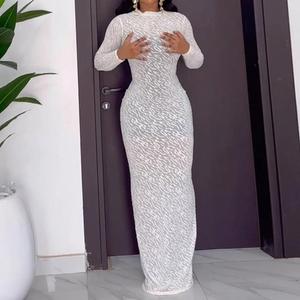 Robes longues pour femmes à col rond et manches longues, en tissu floqué, coupe ajustée, tendance - Product Image 2