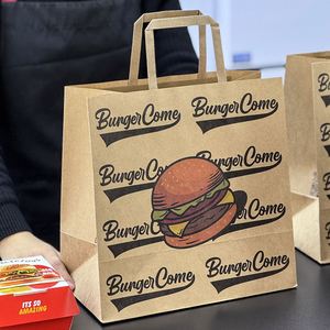 Custom Eco-Friendly Food Brown Kraft Paper Bags with Handle Custom Logo Printed for Fast Food <b>Snack</b> Takeout and Delivery Service - Product Image 5