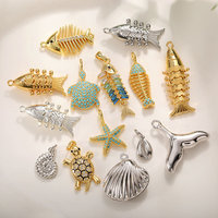Breloques tendance en zircon incrusté, motifs poisson, tortue, coquillage, étoile de mer, plaqué or 14 carats, pendentifs marins pour colliers et bracelets