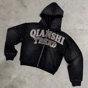 Sudadera con capucha de algodón de lujo, estilo cropped, con lavado ácido, de felpa francesa, oversize, con cremallera, bordado de pedrería personalizado, para hombre - Product Image 1