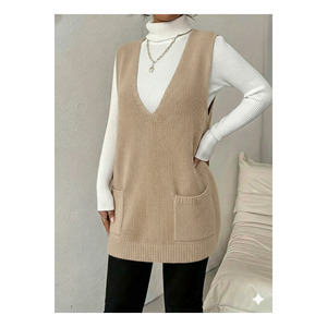 Chaleco de punto con cuello en V profundo y bolsillos para mujer, tallas S M XL, largo 85 cm - Product Image 3
