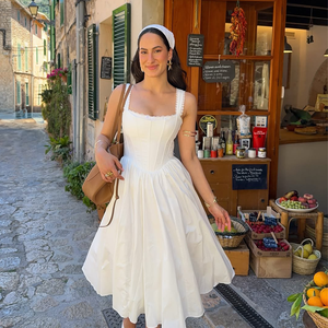 अनुकूलित महिलाओं के उच्च गुणवत्ता वाले सुरुचिपूर्ण सफेद वर्ग गर्दन फीता कैमाइसल स्ट्रैप कॉर्सेट कमर फ्लड मिडी गार्डन कपड़े - Product Image 2