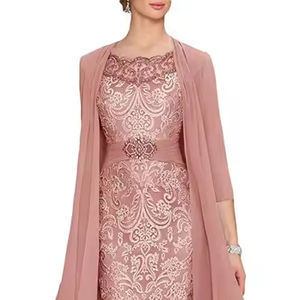 فستان Mumuleo لوالدة العروس مع سترة من الشيفون من الدانتيل والساتان بقصة ضيقة وقصيرة تصل إلى الركبة للنساء لحفلات الكوكتيل والمشاهير - Product Image 1