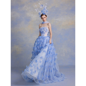 Strapless Blue Cherry Blossoms Wedding Gown Empire Waist Tulle Ball Gown Floral Print Princess Style - Product Image 1