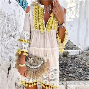 Vendita calda autunno Casual Mini abito da donna taglie forti da spiaggia Boho Chiffon semplice con spalle scoperte abiti corti in pizzo da donna