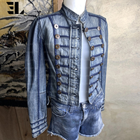 Veste Bomber en Jean Délavé Style Napoléon LARSUR, Coupe Slim, Col Montant, pour Moto, Veste Hussar en Jean Court