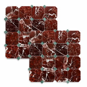 Carreaux octogonaux en marbre rouge avec accents de diamants verts, mosaïque en pierre polie pour mur intérieur, design classique - Product Image 6