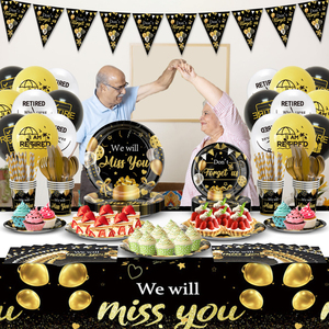 Assiettes, serviettes et gobelets noirs et dorés sur le thème <span class=keywords><strong>de</strong></span> la <span class=keywords><strong>retraite</strong></span> pour 10 invités pour célébrer la fête <span class=keywords><strong>de</strong></span> la <span class=keywords><strong>retraite</strong></span> - Product Image 4