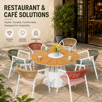 Collection de mobilier de repas extérieur commercial FLD1054 pour 2 à 6 personnes avec tables à piétement HPL et chaises en corde colorées pour hôtel, café, terrasse