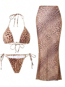 Ensemble bikini 3 pièces pour femme, imprimé léopard, haut triangle dos nu, string en maille à nouer sur le côté, séchage rapide, respirant, rembourrage amovible - Product Image 5