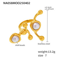 Dernière bague en acier inoxydable plaqué or 18 carats boule ramifiée exagérée incrustée de perles de coquille de pierre naturelle pour les femmes pour la fête