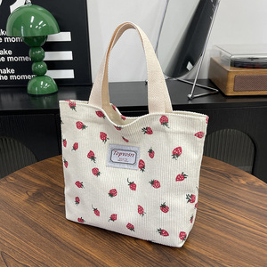 Topvostre Strawberry Print Corduroy Tote <b>Bag</b> White Large Capacity Fashionable Design Everyday Use - Product Image 1