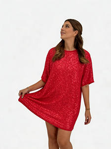 Vestido Mini Sexy Rojo con Lentejuelas y Manga Corta, Vestido Brillante para Fiesta y Salir de Noche para Mujer - Product Image 5