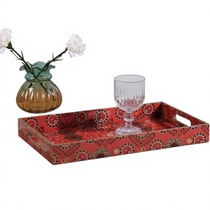 Plateau décoratif rectangulaire en MDF avec motif mandala bleu gravé, style bohème, avec poignée, plateau de service - Product Image 6