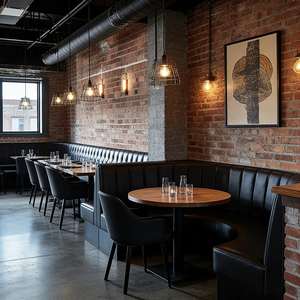 Ensemble de table et de chaises en cuir et en bois pour <span class=keywords><strong>restaurant</strong></span>, style steakhouse, industriel, commercial, restauration rapide, avec banquette et sièges en booth - Product Image 6