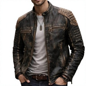 Blouson de moto en cuir véritable pour homme LONG MISSION INDUSTRY, col montant, fermeture éclair, couleur unie, finition délavée, coupe ajustée - Product Image 3