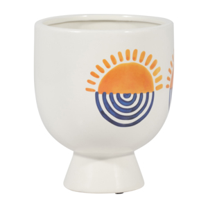 Pot de fleurs en céramique moderne, jardinière décorative pour intérieur et extérieur, blanc avec design orange et bleu - Product Image 2