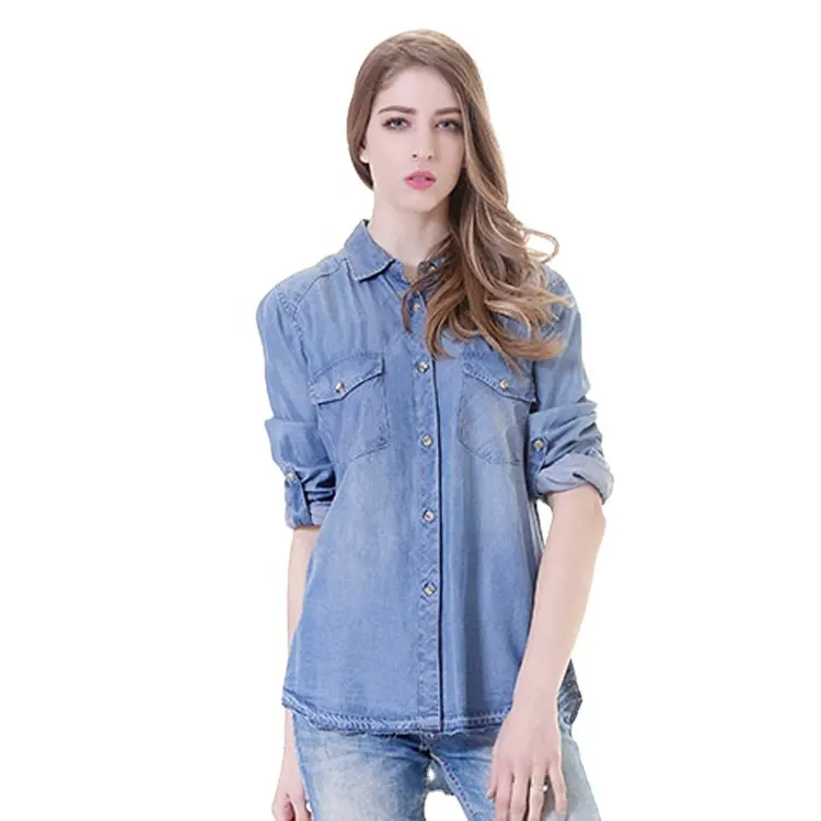 Optional size long sleeve blue model casual denim lady's woven shirts for women