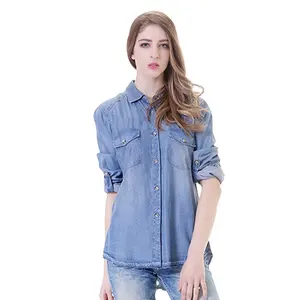 Optioneel Size Lange Mouwen Blauw Model Casual Denim Dame Geweven Shirts Voor Vrouwen