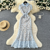 Robe décontractée sirène élégante pour femme WIWT, rose, en dentelle ajourée, col rabattu, manches courtes, avec ceinture, pour tous les jours et les soirées