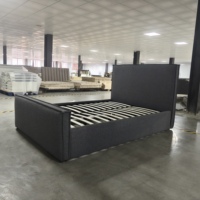 Lit moderne en tissu gris avec plateforme rembourrée confortable, rangement sous le lit, tête de lit haute, taille Queen/King