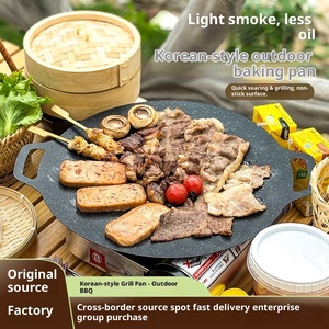 Plaque <span class=keywords><strong>de</strong></span> <span class=keywords><strong>cuisson</strong></span> ronde en fonte pour <span class=keywords><strong>barbecue</strong></span> coréen antiadhésive à épaisseur multiple, vente chaude, avec double poignée - Product Image 1