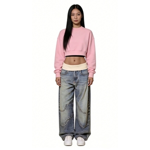 Jeans vintage à jambes larges pour femmes, avec ceinture côtelée patchwork et motifs variés, tendance - Product Image 4