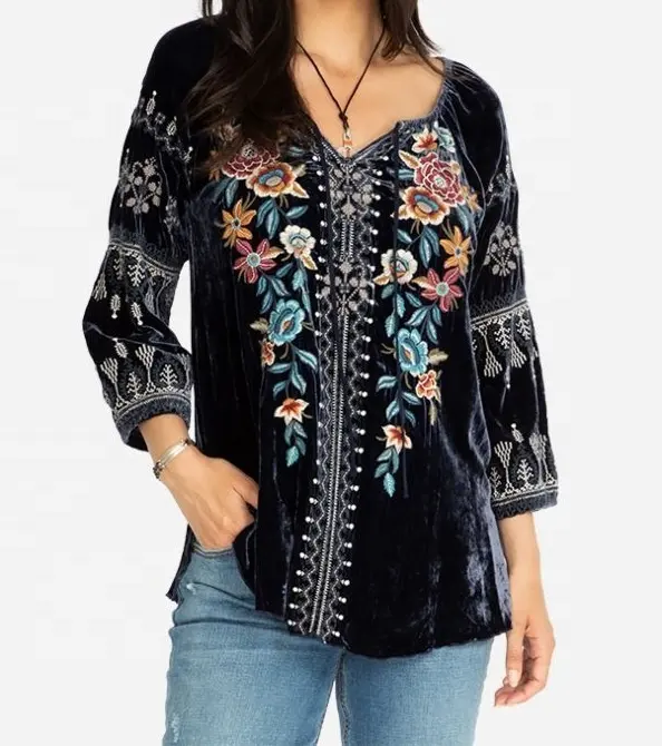 Embroidered Floral Casual Velvet Women Bohemian Ladies' Blouse ST-2418Y