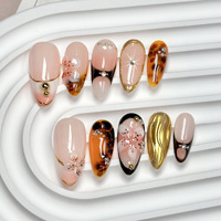 TSZS Support Custom 100% Pure Handmade Press on Nail Leopard Print French Almond False Nails with 3D Flower Cherry Decoration