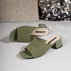 Elegant Plus Size Fly Knit Breathable Mid-heel Slippers New European and American Square Toe <b>Sandals</b> for Women Wholesale - Product Image 6