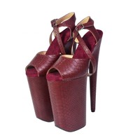 Sepatu Dansa Eksotis Tekstur Kulit Ular PU Hak Tinggi 26 CM 10 Inch Tali Silang Panjang Ujung Terbuka Platform Tebal Perlengkapan Alas Kaki Panggung